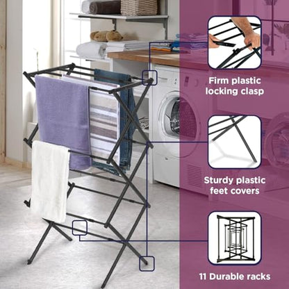 Black+Decker 3 Tier Expandable Collapsing Foldable Laundry Rack for Air Drying Clothing, Space Saving Heavy Duty Lightweight Metal Drying Rack, Black - color: Black