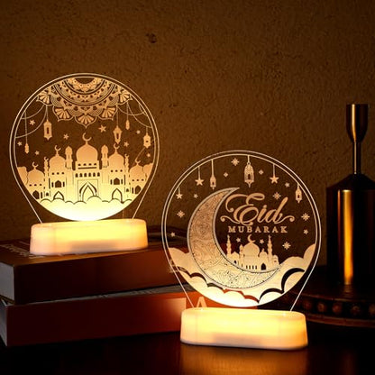 2 Pcs Ramadan Decorations Lights for Home Eid Mubarak Table Decor LED Ramadan Night Lights Crescent Moon Castle Lantern Centerpiece for Home Islamic Mosque Muslims Crafts Table Decor Eid Gifts(Cute) - style: Cute