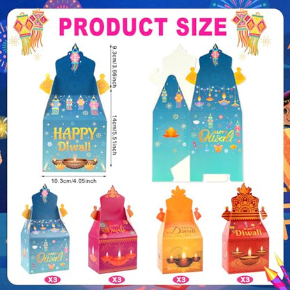 HOWAF 12 PCS Happy Diwali Candy Boxes - Diwali Party Decoration Gift Boxes - Festival of Lights Treat Boxes - Diya Goodie Boxes for Indian Deepavali Party Supplies Favor