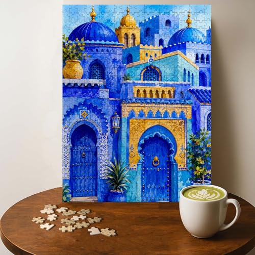 Blue City Morocco Islam Jigsaw Puzzle - 500 Pieces Wooden Puzzle for Adults, Wall Art Gift, Finished Size: 20 x 15 Inch - color: Blue City Morocco - 500 Pieces