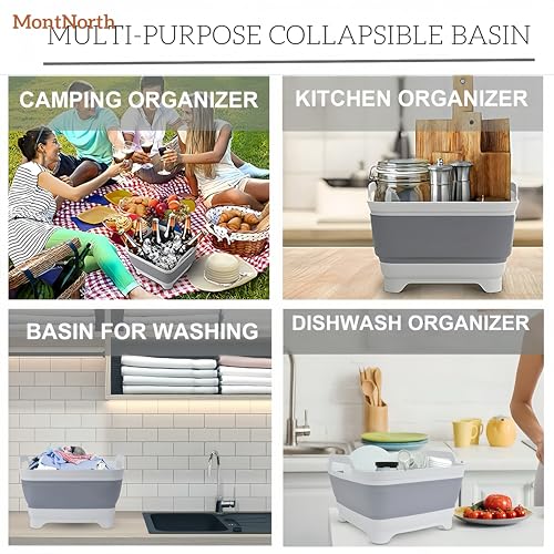 MontNorth Collapsible Wash Basin 9L, Foldable Dish Tub with Drain Plug, Portable Collapsible Dish Basin, Camping Sink for Washing Dishes, Laundry & Kitchen Use,Gray - color: Gray - Set of 1