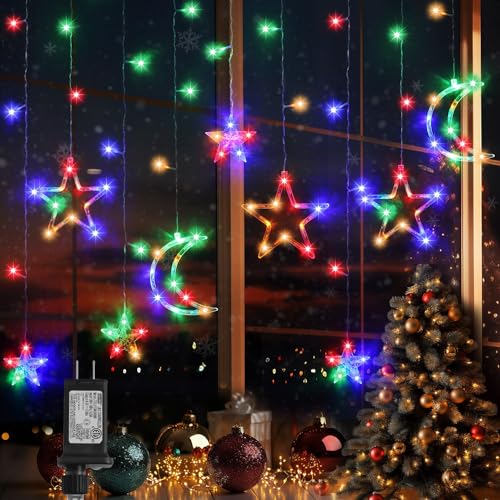 Christmas String Lights, 138 LEDs Curtain Lights with 8 Light Modes, 11.48FT Star Moon Indoor Outdoor Fairy String for Window, Bedroom, Wall, Home, Ramadan, Christmas Decoration - Multicolored