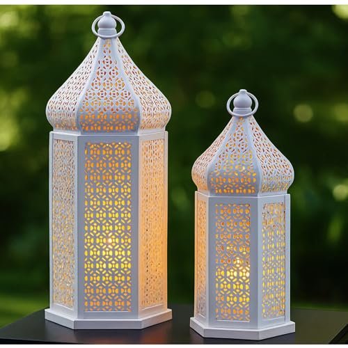 VELA LANTERNS Large Temple Tower Moroccan Lantern Lamp Decorative Candle Holders for Ramadan Decorations, Hanging, Outdoor Patio or Porch, Indoor Home Decor, Weddings, White, Set of 2 - color: White, size: 11" and 15"