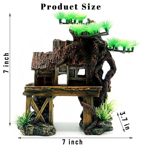 kathson Aquarium Decorations Fish Tank Ornaments House on Terrace with Tree Root Resin Handicrafts for Betta Fish