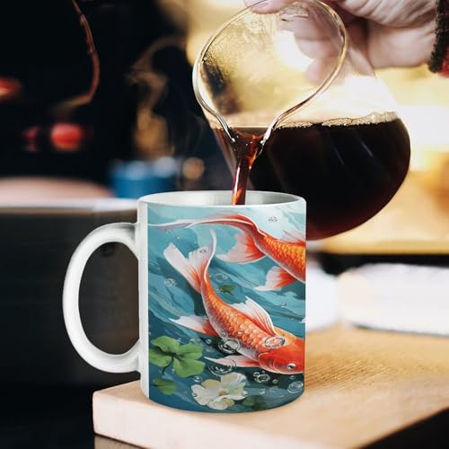 Japanese Pretty Red Carp Fish Ceramic Coffee Cups with Handle,Porcelain Coffee Mugs for Men Women Tea Cup for Cappuccino Latte Mocha Milk Macchiato Cafe