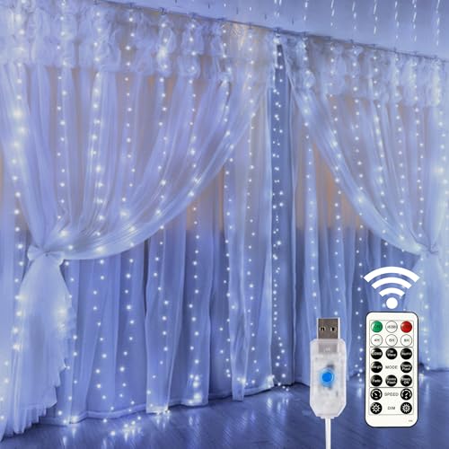 HOME LIGHTING Window Curtain String Lights, 300 LED 8 Lighting Modes Fairy Copper Light with Remote, USB Powered Waterproof for Christmas Bedroom Party Wedding Home Garden Wall Decorations, Cool White - color: White