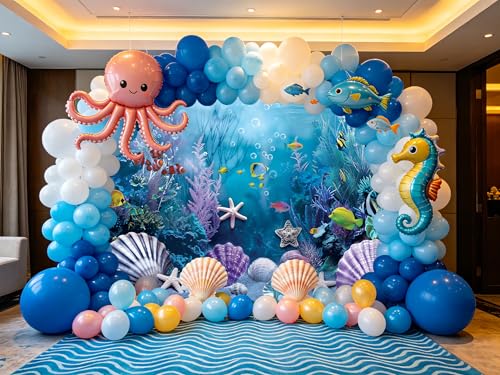 Under the Sea Backdrop Summer Tropical Fish Coral Ocean Underwater World Photography Background Ocean Aquarium Themed Baby Shower Birthday Party Banner Decorations Photo Booth Props 7x5FT - size: 7x5FT