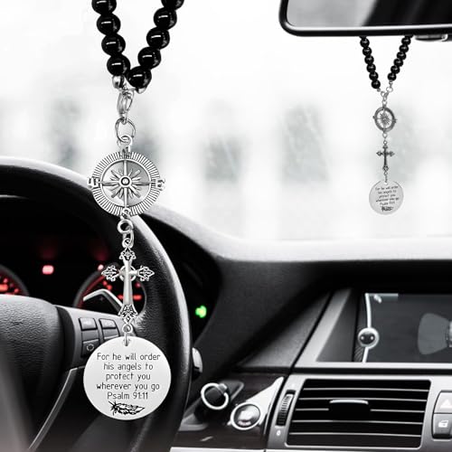 Wevdn Cross Car Charm, Rear View Mirror Christian Cross Charm with Compass Bead Chain, Religious Pendant for He Will Order His Angels to Protect You Wherever You Go Psalm 91:11