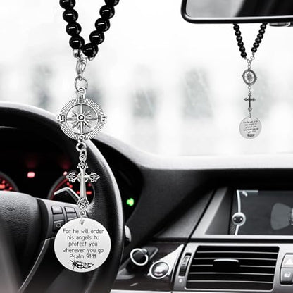 Wevdn Cross Car Charm, Rear View Mirror Christian Cross Charm with Compass Bead Chain, Religious Pendant for He Will Order His Angels to Protect You Wherever You Go Psalm 91:11