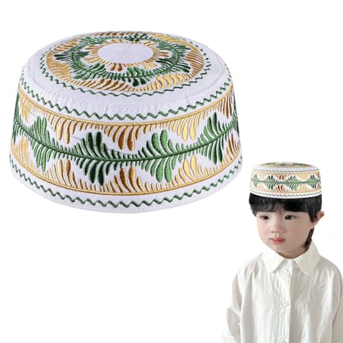 Kids Boys Muslim Prayer Kufi Hat Islamic Prayer Cap Embroidered Prayer Headwear Cap Praying Skull Cap Topi Ramadan Eid Hat - color: Yellow-medium