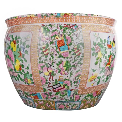 Rose Medallion Asian Fishbowl Cachepot Planter for Indoor or Outdoor Garden