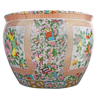 Rose Medallion Asian Fishbowl Cachepot Planter for Indoor or Outdoor Garden