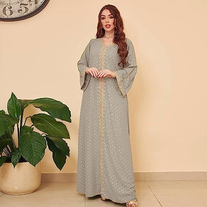 FPOVFPO Women's Muslim Abaya One-Piece V Neck Bronzing Dress Islamic Full Length Kaftan Daily Casual - color: Grey, size: X-Large