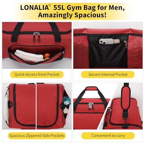 55L Large Gym Duffle Bag for Men, 22 inch, Red | Heavy Duty, Gym Duffel Bag, Multi Pockets, Spacious - color: Red