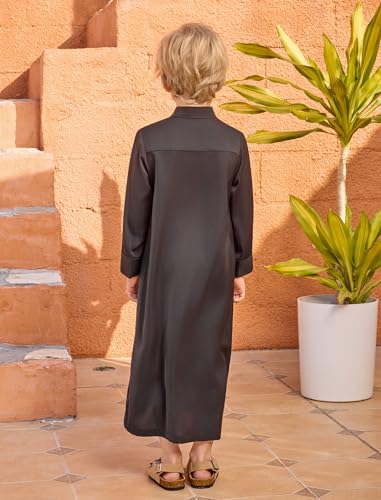 IWEMEK Kids Thobe for Muslim Boys Robe Eid Ramadan Kaftan Dubai Islamic Prayer Clothes Arabic Abaya Ethnic Dress with Pockets - color: Black, size: 5-6 Years