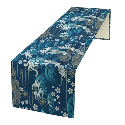 Japanese Crane Table Runner, Asian Oriental Colorful Cherry Blossom Branch Clouds Sea Print Table Runner for Kitchen Dining Table Wedding Party Decor, 13x36inch - color: Asian-17, size: W13"x L36"