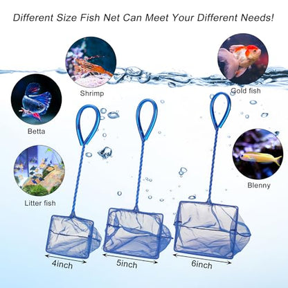 Lpraer 4in 5in 6in Aquarium Fish Net Green Fine Mesh Nylon Net Collection with 11" Long Handle Square Quick Catch Fish Net for Fish Tank - color: Navy Blue, size: 3PCS 4，5，6"