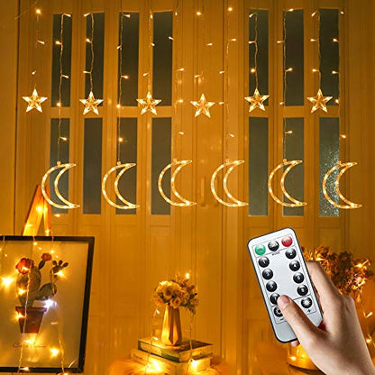 115 LED Curtain String Light Ramadan Star Moon Light 15.7 FT Fairy String Lights USB Powered 8 Modes 6 Hours Timer Indoor Decoration for Ramadan Christmas Home Bedroom Balcony Wall Party Warm White
