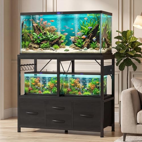 Heybly 30-40 Gallon Fish Tank Stand, Aquarium Stand with Drawer, Power Outlet, Heavy Duty Metal Frame, for Fish Tank, Turtle & Reptile Terrarium, 36.2" L × 18.1" Top, 660lbs (Top)+330lbs(Mid), Black HAS004BK - color: Black, size: 40 gal