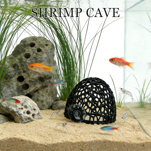 Shrimp Cave with Suction Cup | Stable Resting Hiding Place for Cherry & Dwarf Shrimp, Guppy, Small Fish (black) - color: black