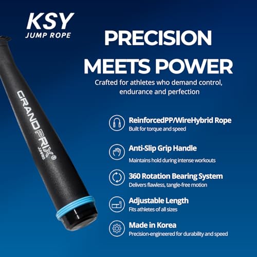 Jump Rope for Men and Women (Grand Prix Ultra Speed Series) – Adjustable Wire Rope for CrossFit, Boxing, and Fitness Training – Smooth, Fast, Tangle-Free Rotation (Made in Korea) - color: Black/Sky
