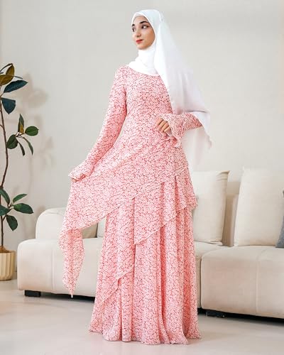 Muslim Abaya Dress for Women 3-Piece Set, Ruffle Top & Chiffon Maxi Skirt - color: Pink, size: X-Large