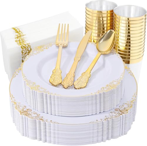Nervure 175Pcs White and Gold Plastic Plates, Dinnerware Set for 25 Guests - color: Gold, style: 175Pcs(25Guests)