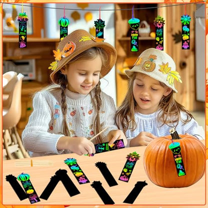 JUNEBRUSHS 30Pcs Fall Scratch Bookmarks, Rainbow Magic Scratch Paper Art Hello Fall Autumn Leaves Pumpkin Turkey DIY Crafts Kit for School Classroom Activity Thanksgiving Party Favor - style: Fall Style