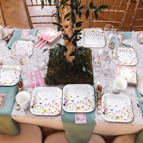350 Pcs Wildflower Paper Plates and Napkins Set 9 Inch 7 Inch Disposable Durable Spring Floral Dinnerware Set Wedding Baby Shower Party Supplies Tableware Serve 50 Guest Cups Knife Forks Spoon - color: Pink, style: Wildflower