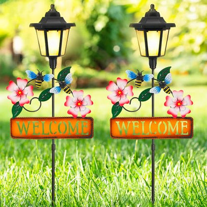 Lewondr Solar Garden Lights Bee, 37.4 Inch Solar Lamp Post Light with Welcome Sign & Bees, Outdoor Waterproof Solar Stake Lights for Yard Porch Patio Pathway Gardening Gifts, 2 Pack - style: Pink Flowers & Bees