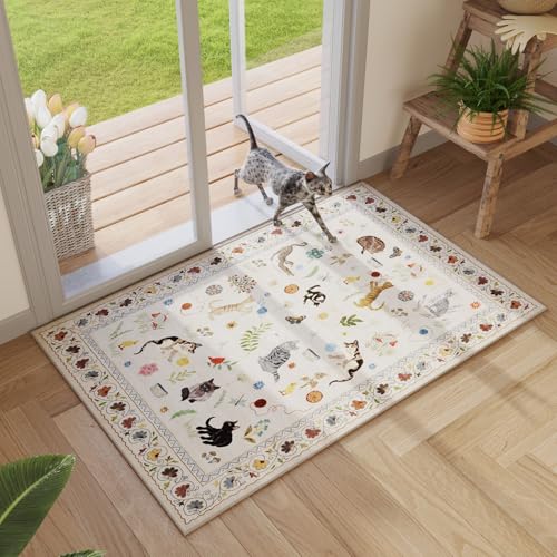 Rugcomf Small Area Rug 2x3 Door Mat Washable Floral Animal Cat, Beige - color: Beige/Cat, size: 2' x 3' (Rectangular)