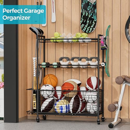 Sports Equipment Storage Rack with Wheels, 3-Tier Ball Organizer | Large Capacity Sports Gear & Toy Organizer with Racket Slots, Hooks, for Garage, Home Gym & Backyard, 31" W