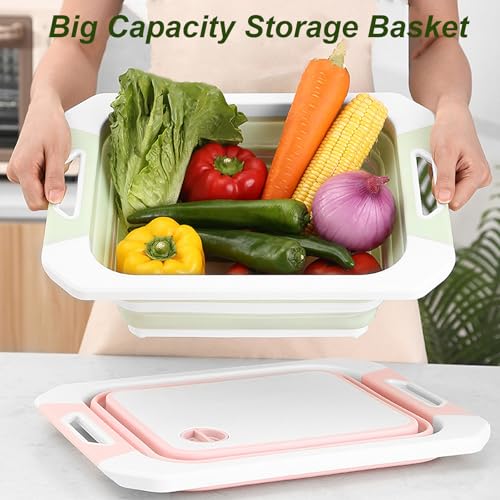 Camping Collapsible Cutting Board Dish Basin BBQ Prep Tub Camp Sink Dish Washing Station Multifunctional Storage Basket(Pink white) - color: Pink White