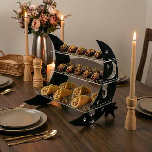 Iwa Concept 3-Tier Acrylic Ramadan Serving Tray | Crescent Moon & Star Design | Elegant Dessert & Nut Presentation Stand for Iftar and Eid Celebrations - color: Black Gold
