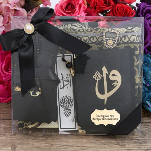 Yaseen Dua Book Shawl Prayer Rug Misbaha and Bookmark Islamic Gift Set | Muslim Favor Set for Women, Eid Ramadan Birthday Gift for Her (Black) - color: Black
