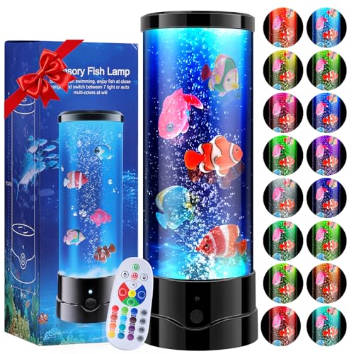 LED Aquarium Bubble Fish Tank Table Lamp, Birthday Gifts for Adults Teens, Relaxing 16 Color Remote Fake Fish Sensory Night Light for Room Bedroom Home Decor, Stress Relief