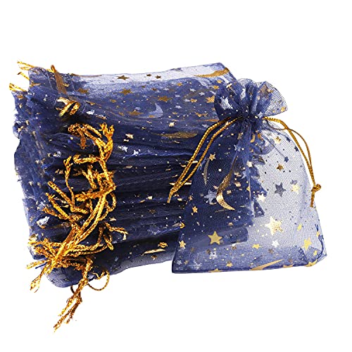 SUMAJU 100 Pieces Moon Star Organza Jewelry Candy Bags, 2.7x3.5 Inch Sheer Navy Organza Pouch Small Gift Bags with Drawstring for Wedding Valentine's Day Party Favors - color: Navy 2.7x3.5 Inch