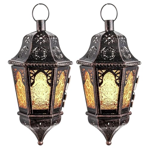 Ramadan Lantern Decorative Indoor & Outdoor, 2 PCS 13.6’’ Vintage Decorative Hanging Lanterns with Chain for Home Porch Patio Decor, Metal Christmas Moroccan Candle Holder Decorations (Amber) - color: Amber * 2