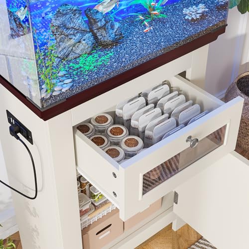 10-15 Gallon Fish Tank Stand - Aquarium Stand with Power Outlets | 198LBS Capacity Fish Tank Table with Storage Cabinet & Drawer, Aquarium Table for Reptile Terrarium Stand Beige