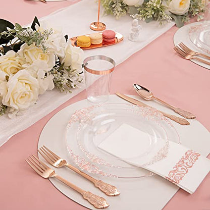 Hioasis 175pcs Clear Rose Gold Plastic Plates - Elegant Disposable Dinnerware Set Suitable for 25 Guests Include 10.25" Dinner & 7.5" Dessert Plates, Cutlery, Napkins, Cups for Party - color: Clear and Rose Gold