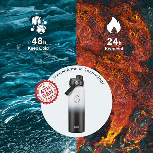 BUZIO 24 oz Water Bottle Insulated, Leakproof Stainless Steel Flask (Cold for 48 Hrs), Wide Mouth BPA-Free Metal Thermo Hydro Canteen with 2 Lids, Day & Night - color: Day & Night, size: 24 Ounces