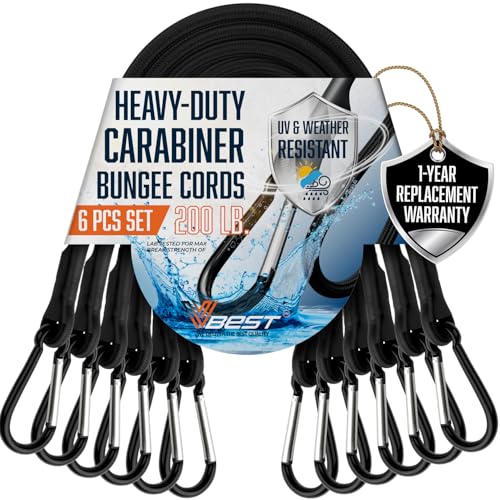 12 Inch Bungee Cords with Carabiner Hooks - 6Pcs Heavy Duty Outdoor | Mini Black Bungee Cords with Carabiner Clips - Small Bungee Straps UV & Weather Resistant - Short Bungy Cords 200lb Strength - size: Black 12'' (6 Piece)