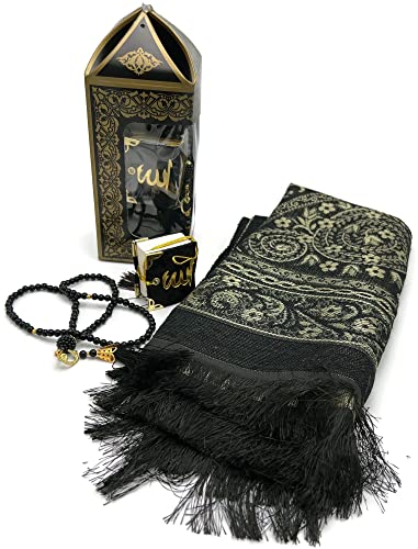 Eid Gift Set Prayer Janamaz Seccade Pearl Tasbeeh Prayer Beads and Car Decor Mini Quran 3pcs/Set (Black) - color: Black