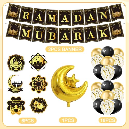 Ramadan Decorations for Home, 27PCS Black and Gold Ramadan Mubarak Banner, Hanging Swirls, Moon and Star Balloon for Muslim Islamic Eid Mubarak Festival Al-Fitr Iftar Party Favors Supplies