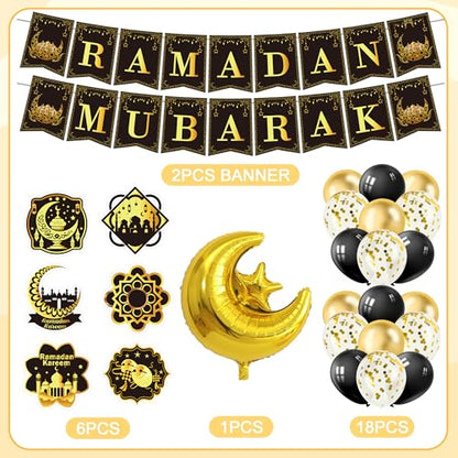 Ramadan Decorations for Home, 27PCS Black and Gold Ramadan Mubarak Banner, Hanging Swirls, Moon and Star Balloon for Muslim Islamic Eid Mubarak Festival Al-Fitr Iftar Party Favors Supplies