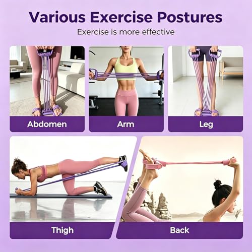 Pedal Resistance Band with Handle, 2026 New Upgraded 8-Tube 3-in-1 Multi-Function Foot Pedal Puller for Back Stretch & Chest Expand, Portable Latex Fitness with 4 Extra Replacement Tubes - color: Purple