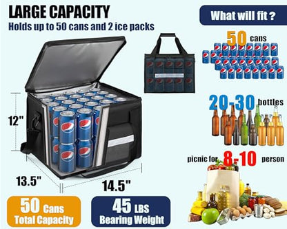 MyLifeUNIT Insulated Cooler Bag for Food & Pizza Delivery Bag Suitable for Car, Bike, Camping, Picnic, Beach, Large Size - size: 50 Cans