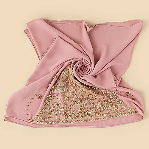 Women Fashion Chiffon Muslim Head Scarf Arabic Hijab Long Scarf Wrap - color: Beading Pink