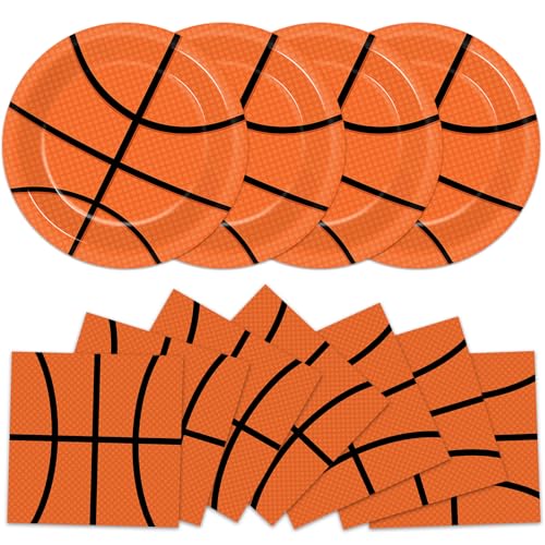 48Pcs Basketball Paper Plates and Napkins Basketball Birthday Party Decorations Sport Party Supplies Black Orange Dessert Plates Disposable Tableware Set for Teenagers Kids Boys Adults Serve 24 - style: Basketball