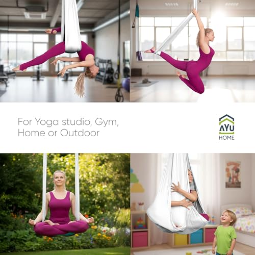 AyuHome Aerial Silks Kit for Home - Premium Yoga Swing for Adults with 660 lbs Capacity - Versatile Aerial Yoga Hammock for Gymnastics Training - color: Aerial silk - White - New